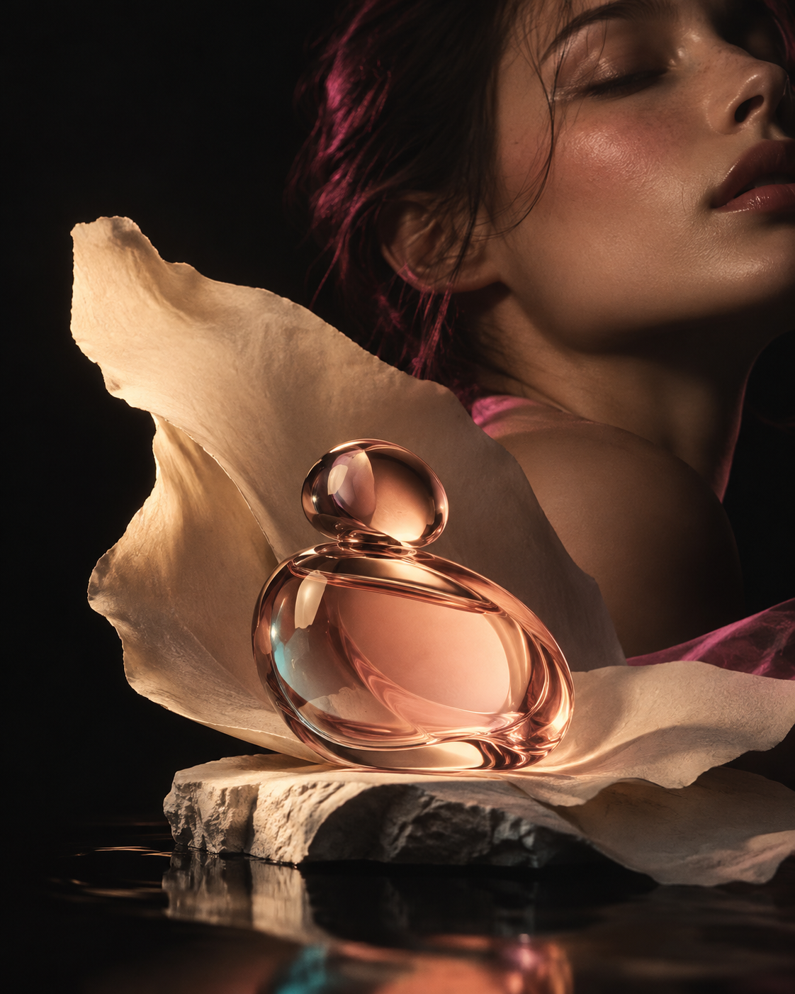 Proyecto conceptual Aura: composición editorial de belleza con frasco de perfume y retrato