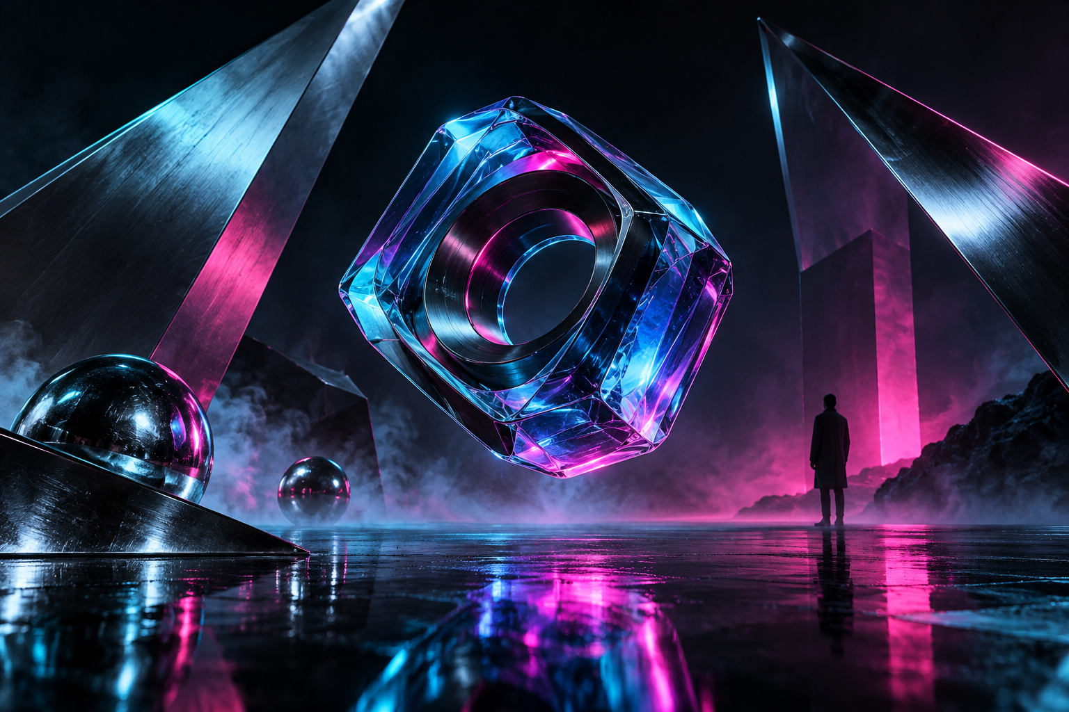 Proyecto conceptual Nexo: composición tecnológica futurista en magenta y cian